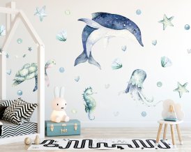 Nálepka na zeď do dětského pokoje delfín, želva, medúza, mořský koník, korály