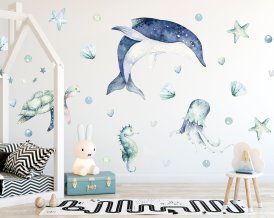 Wall decal for kids room watercolour Dolphin, Turtle, Jellyfish, Seahorse, corals,