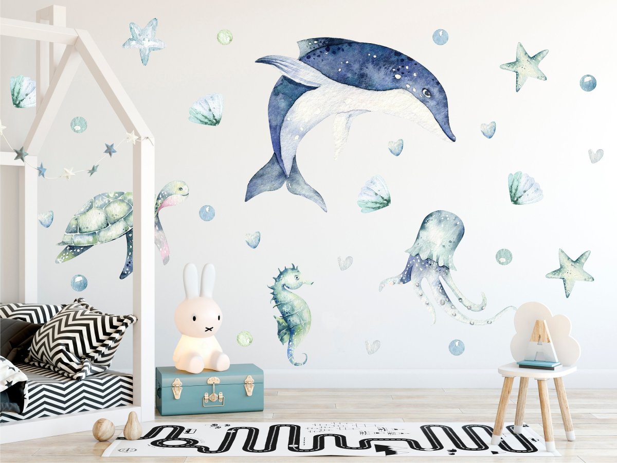 Wandtattoo Kinderzimmer Aquarell Delphin, Schildkröte, Qualle, Seepferdchen, Korallen,