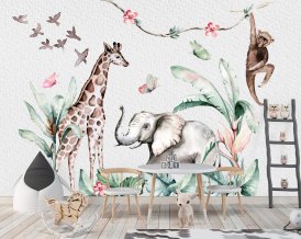 Nálepky na stenu Safari so zvieratkami žirafou, slonom a opicou