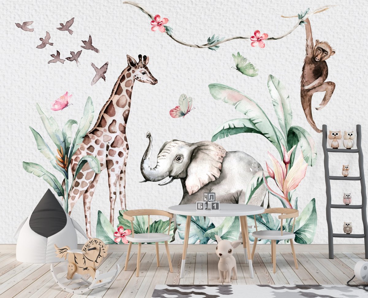 Nálepky na stenu Safari so zvieratkami žirafou, slonom a opicou