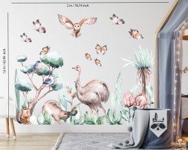 Nursery wall decals AUSTRALIAN ANIMALS - Ostrich, Owl, Ornitorrinco, Greenery, Butterflies