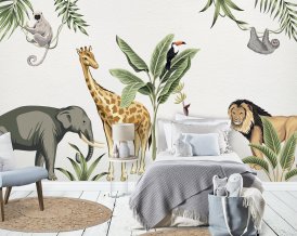 Safari-Wandaufkleber mit Tieren - Elefant, Giraffe, Löwe, Affe