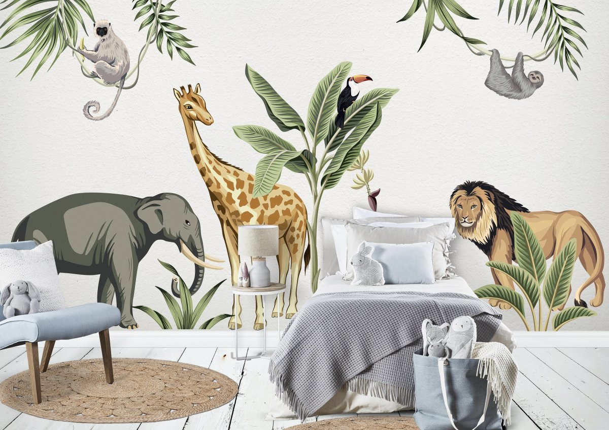 Nálepky na stenu Safari so zvieratami - slon, žirafa, lev, opica, zeleň