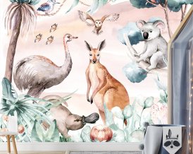 KIDS WALLPAPER Wild Australian animals ECO Textile Wallpaper Peel & Stick for kids room
