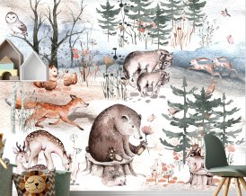 TAPETA Divoká lesní zvířátka EKO Textilní tapeta Peel & Stick do dětského pokoje nebo školky