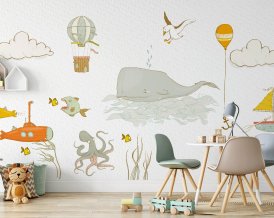 Nálepka na stenu s veľrybou, rybami, medúzami, ponorkami, balónom, čajkou