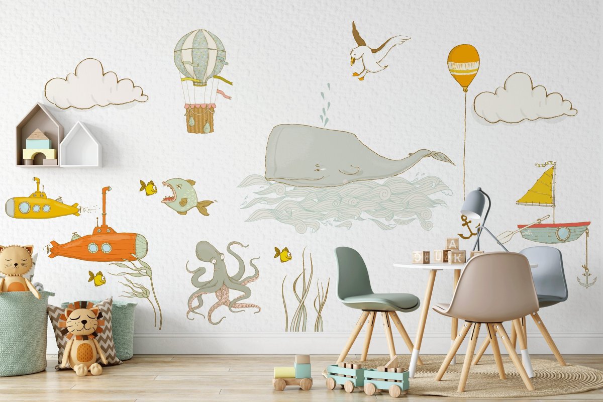 Wall Decal OCEAN Life with whale, fishes, jellyfish, submarines, air balloon, seagull
