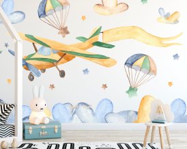 Nursery Wall Decal- Watercolour Parachutes, Airplane