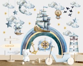Vintage Schiff mit Regenbogen und Heißluftballons Wandtattoo für Kinderzimmer