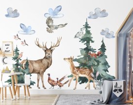 Nálepky na stenu s čarovným lesom do izbičky vašich detí s akvarelovými jeleňmi, srnkami,