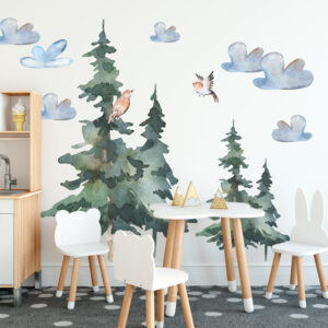 Large watercolor forest trees wall decals for kids room nursery mural decor