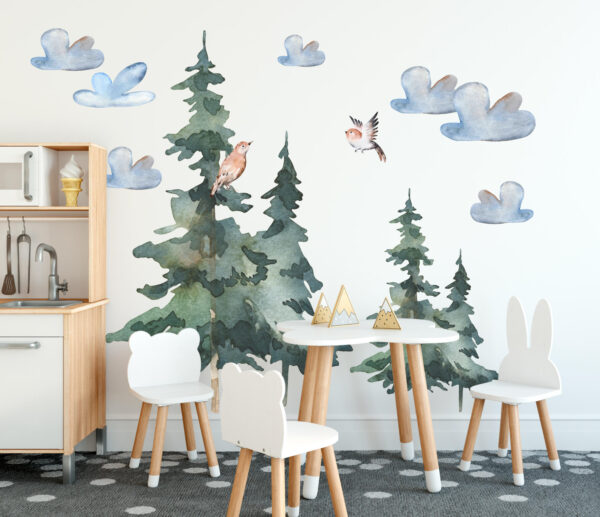 Large watercolor forest trees wall decals for kids room nursery mural decor