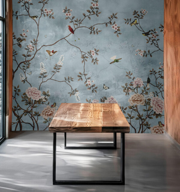 French Moire Blue Chinoiserie Wallpaper Mural