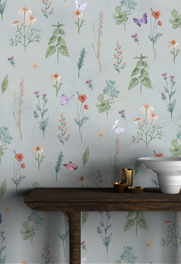 French Meadow Wallpaper with Blue Benjamine Moore