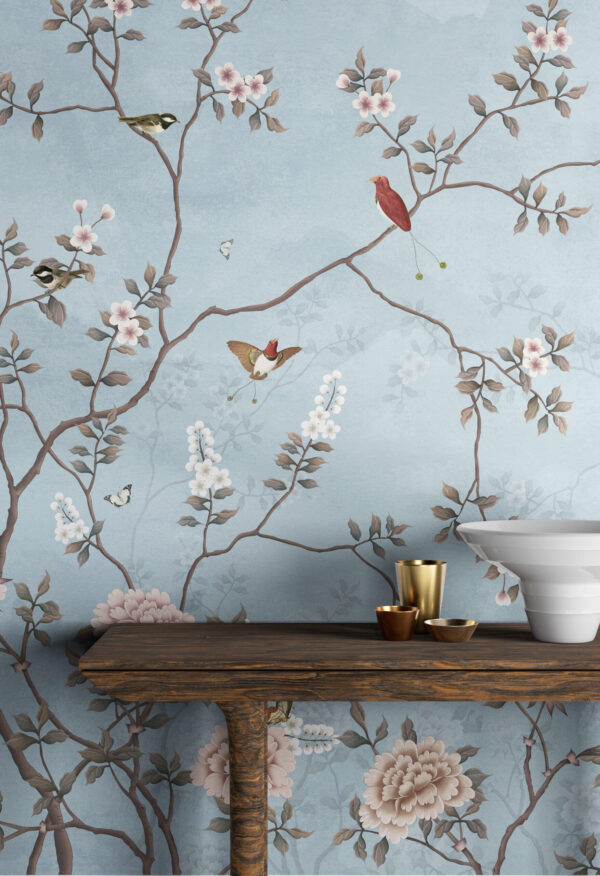 French Moire Blue Chinoiserie Wallpaper Mural