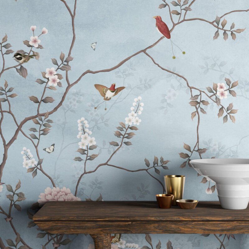 French Moire Blue Chinoiserie Wallpaper Mural
