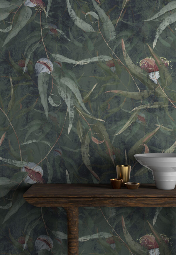 Tropical Branches Wallpaper, Green Eucalyptus leaves and flowers Wallpaper