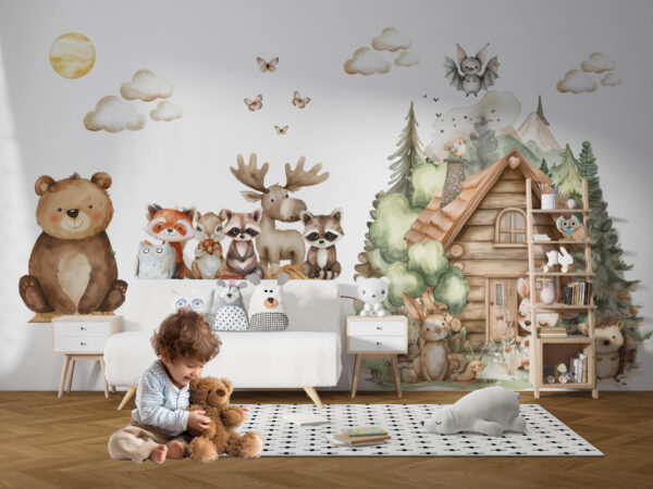 Custom Name Woodland Friends Wall Mural Personalized Forest Animals Nursery Room Decor