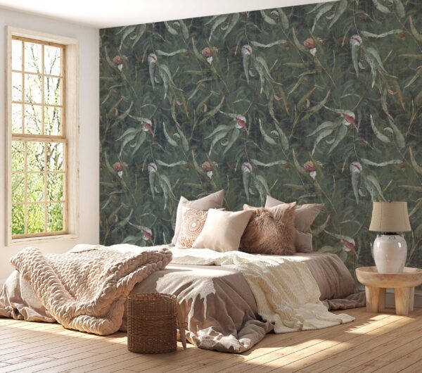 Tropical Branches Wallpaper, Green Eucalyptus leaves and flowers Wallpaper