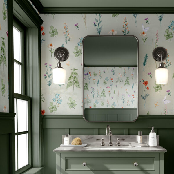 French Meadow Wallpaper with green Benjamine Moore background