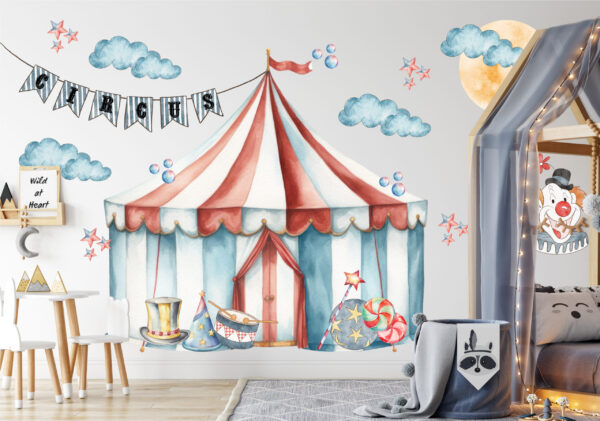 Blue Red Circus Tent Wall Decal with Custom name