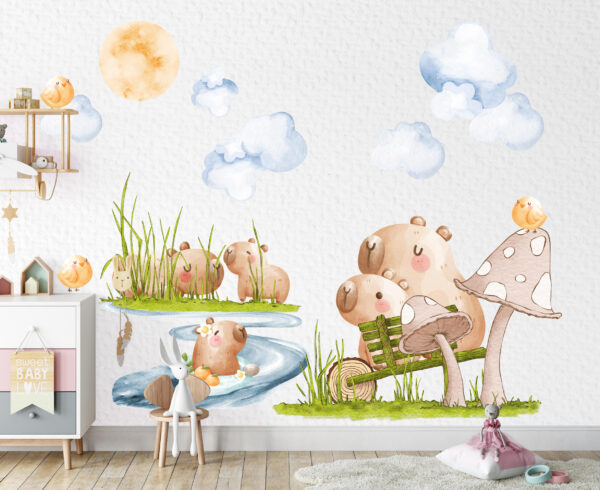 Cute watercolor capybara family wall decals with small birds and tropical plants