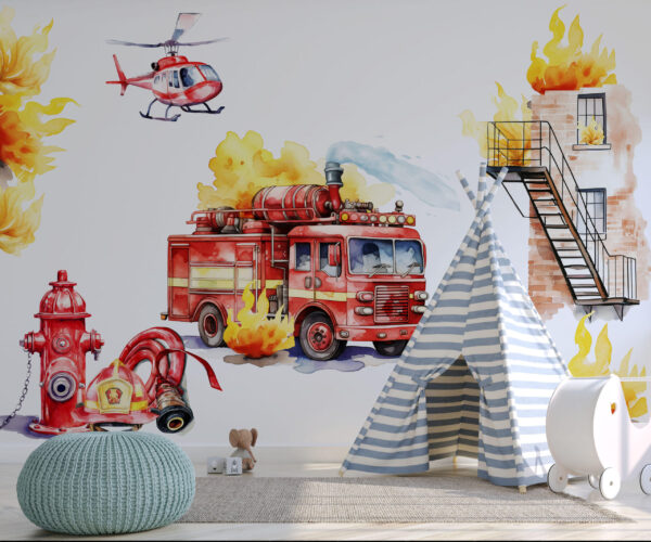 Firefighter Wall Decals for kids room, Fire Rescue car for young firefighters