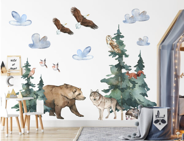 Large watercolor woodland forest animals wall decal set for kids room nursery