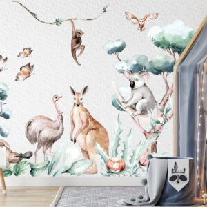Watercolor baby koala on eucalyptus branch with kangaroo and kookaburra stickers