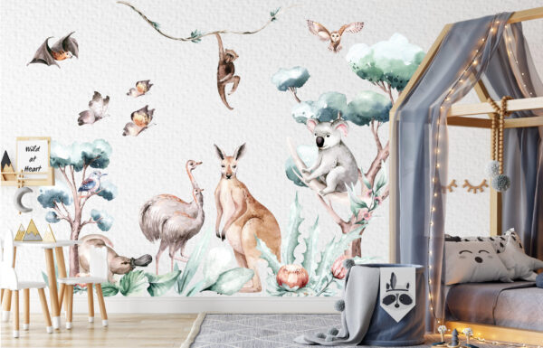 Watercolor baby koala on eucalyptus branch with kangaroo and kookaburra stickers