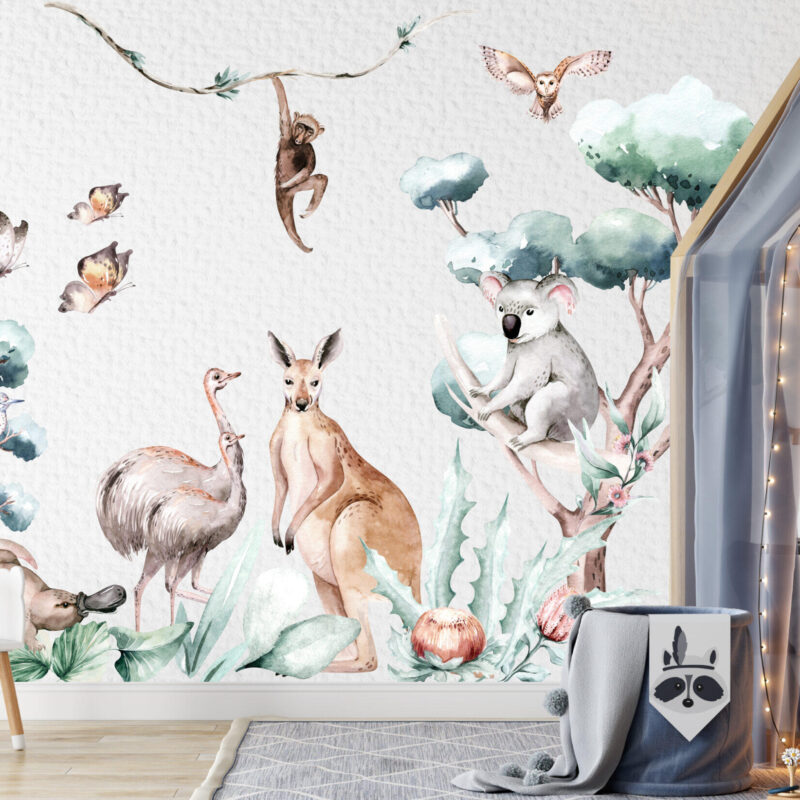 Watercolor baby koala on eucalyptus branch with kangaroo and kookaburra stickers