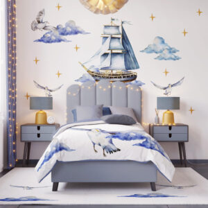 Watercolor vintage pirate ship with small sailors and anchor nursery wall decals