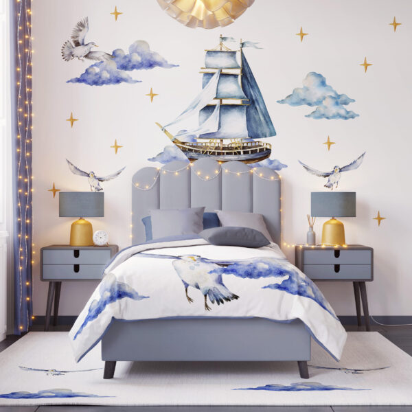 Watercolor vintage pirate ship with small sailors and anchor nursery wall decals
