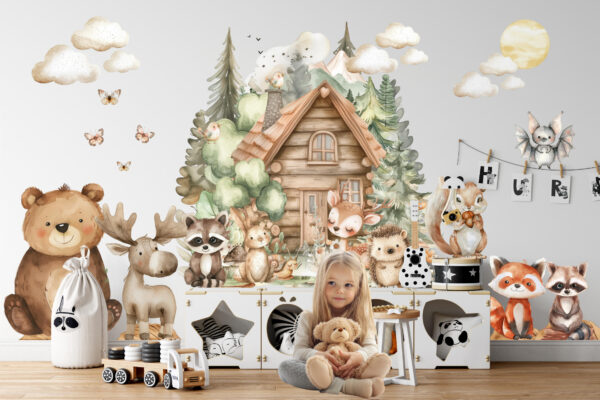 Custom Name Woodland Friends Wall Mural Personalized Forest Animals Nursery Room Decor