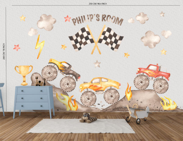 Monster Trucks Wall Stickers for young boys with Name