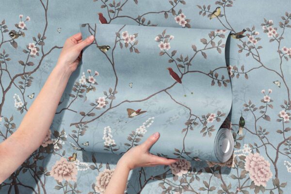 French Moire Blue Chinoiserie Wallpaper Mural