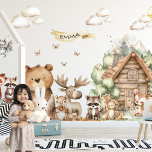Large personalized forest animals wall mural with custom name for baby nursery