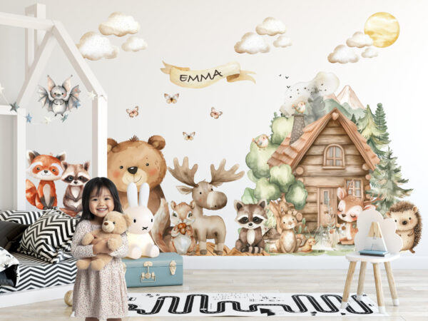 Large personalized forest animals wall mural with custom name for baby nursery