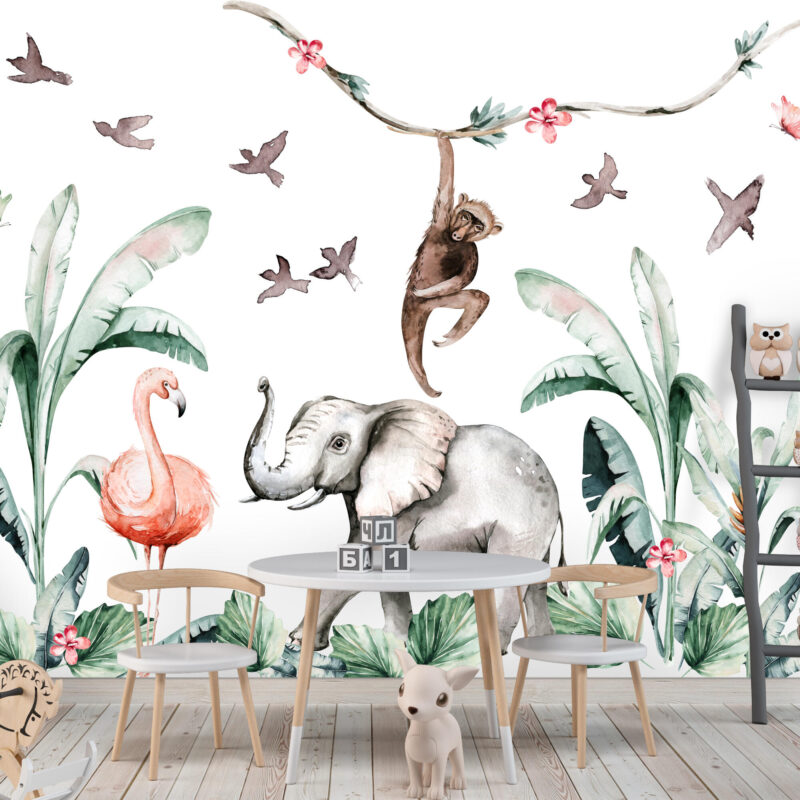 Watercolor baby lion elephant giraffe and zebra safari animals nursery wall decals