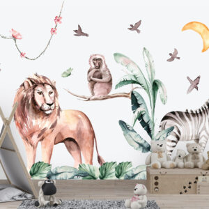 Watercolor baby lion elephant giraffe and zebra safari animals nursery wall decals
