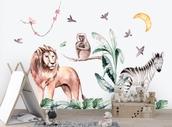 Watercolor baby lion elephant giraffe and zebra safari animals nursery wall decals