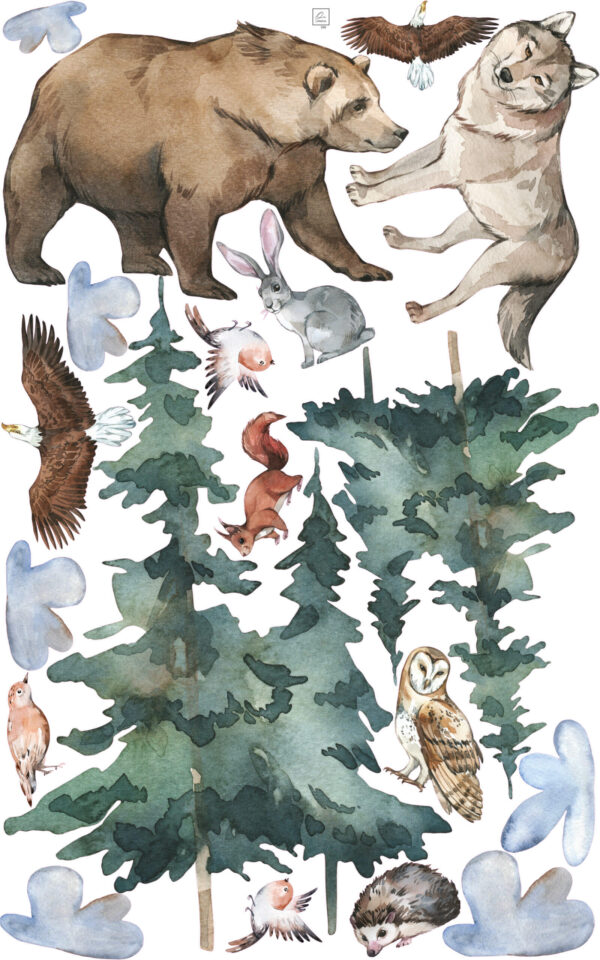 Complete Woodland Forest Wall Decal Watercolor Animals Nursery Stickers Nature Room Decor