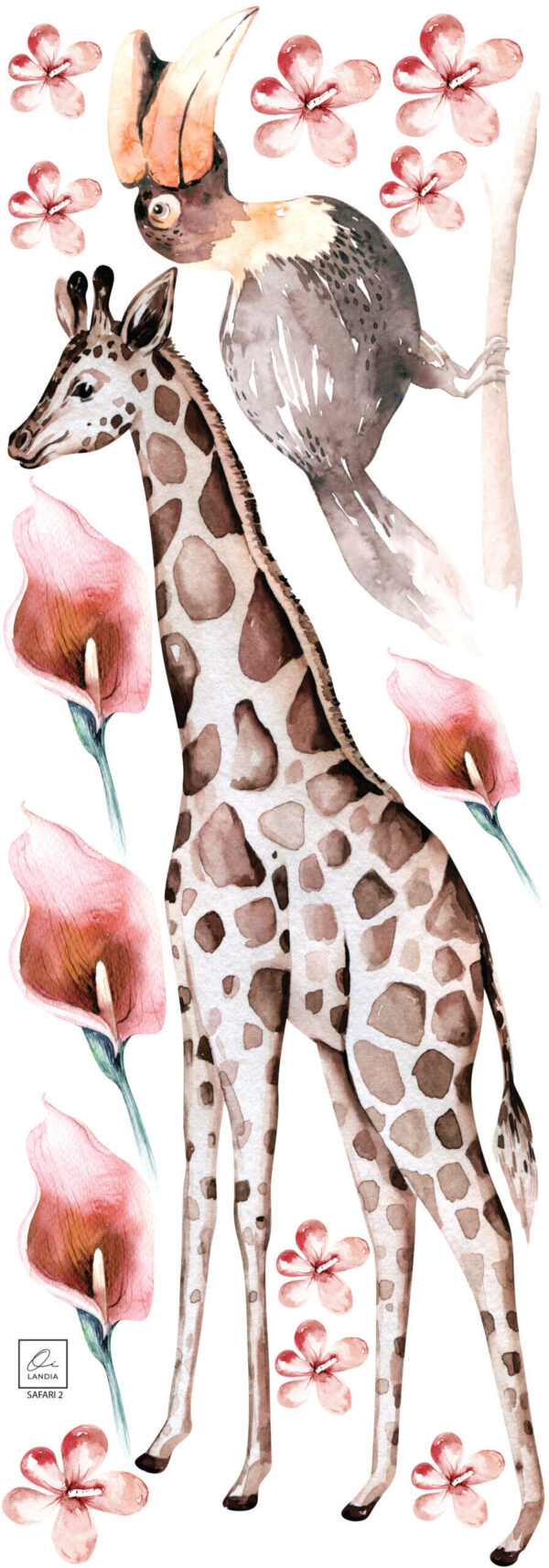 Watercolor Safari Giraffe Wall Decals Pink Flamingos Tropical Nursery Jungle Animal Stickers