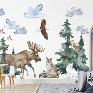 Watercolor nordic forest trees with reindeer and polar bear nursery wall decals