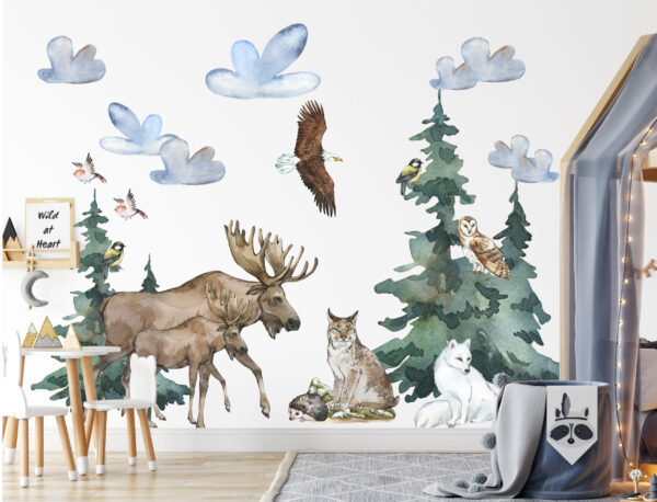 Watercolor nordic forest trees with reindeer and polar bear nursery wall decals