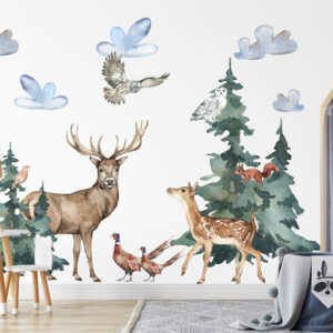 Watercolor mother doe and baby deer fawn wall stickers for woodland nursery