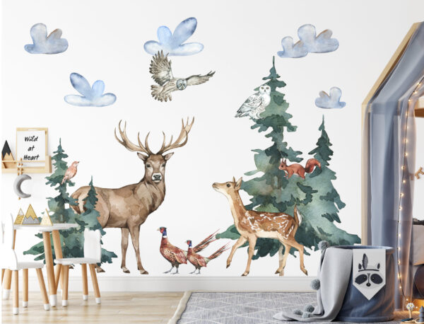 Watercolor mother doe and baby deer fawn wall stickers for woodland nursery