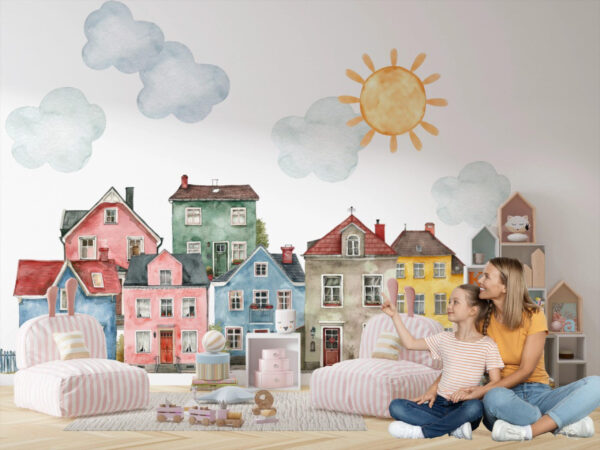 VILLAGE KIT Wall Decal for kids room, Watercolour City Houses wall sticker