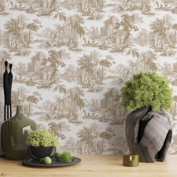 Beige Toile De Jouy Wallpaper